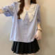 French bow striped short-sleeved shirt for women in summer large size fat mm slimming and high-end high-end doll collar top