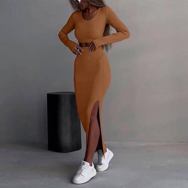 Split long skirt two-piece set for women top long sleeve long skirt two-piece set for women