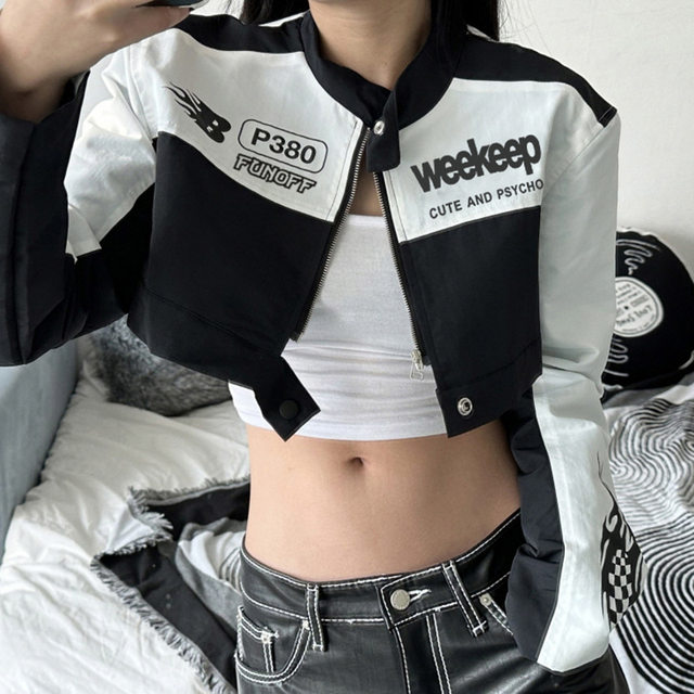 Long sleeved short jacket jacket motorcycle letter printing long sleeve short jacket jacket
