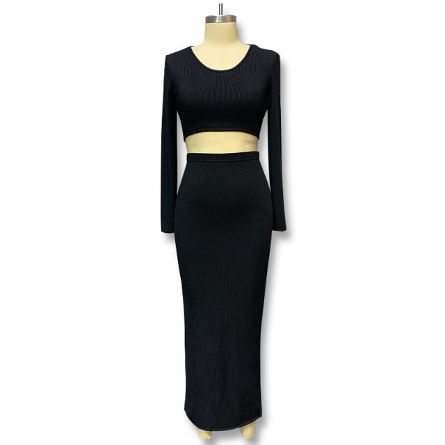 Split long skirt two-piece set for women top long sleeve long skirt two-piece set for women