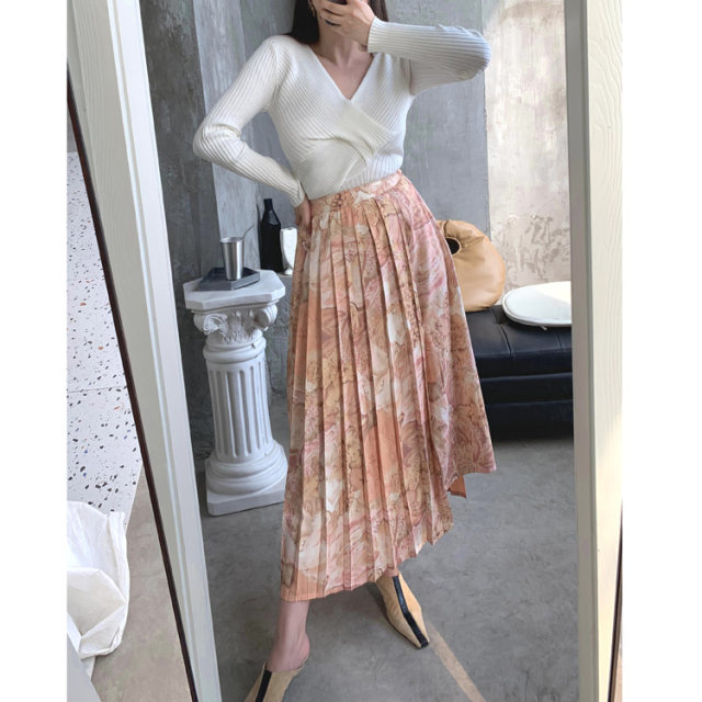 Retro oil painting prints asymmetric pleated layered skirt