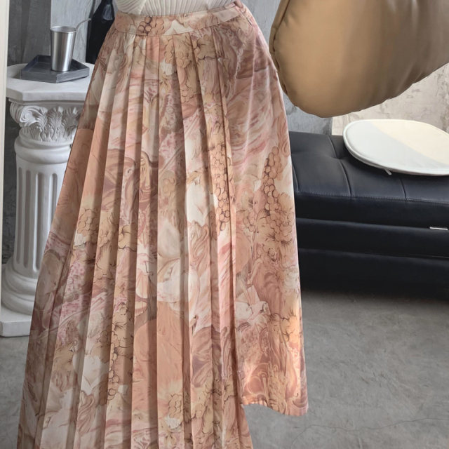 Retro oil painting prints asymmetric pleated layered skirt