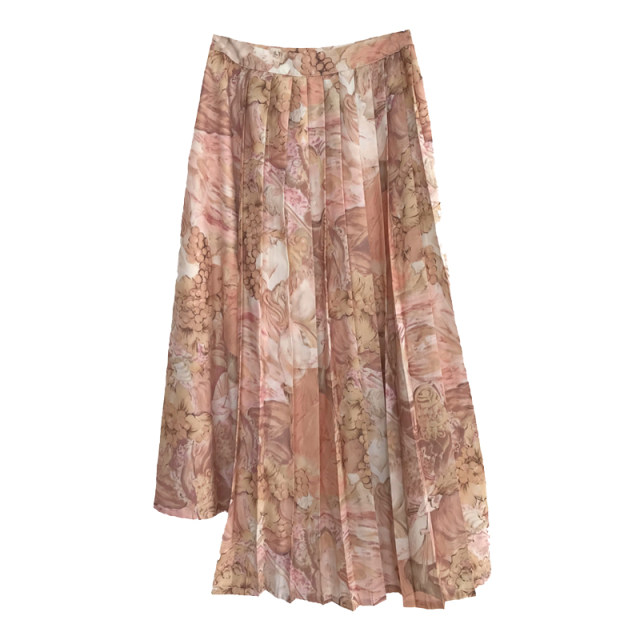 Retro oil painting prints asymmetric pleated layered skirt
