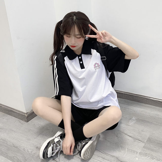 Original energetic girl's daily jk summer loose color-blocked shoulder-length sleeve lapel POLO shirt top T-shirt
