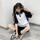 Original energetic girl's daily jk summer loose color-blocked shoulder-length sleeve lapel POLO shirt top T-shirt
