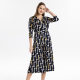 Zhen silk print seven -point sleeve dress ladies summer new V -neck silk silk knit waist waist elegant large skirt
