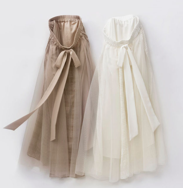 Silk velvet spliced ​​mesh, retro fairy beauty! Elastic waist strap A-line mid-length puffy skirt for women