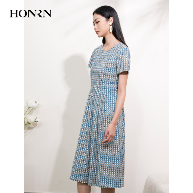 HONRN/Red Elegant Printed Short Sleeve Round Neck Waist Slim Skirt A-line Dress Women's Summer HI22OL481