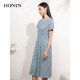 HONRN/Red Elegant Printed Short Sleeve Round Neck Waist Slim Skirt A-line Dress Women's Summer HI22OL481