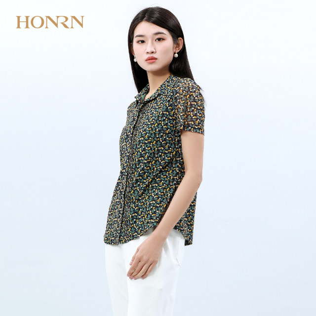HONRN/Red Man Casual Knitted Cardigan Slim Floral Printed Short-Sleeved Thin Shirt Top Women's Summer Style