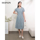 HONRN/Red Elegant Printed Short Sleeve Round Neck Waist Slim Skirt A-line Dress Women's Summer HI22OL481