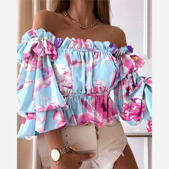 New autumn products sexy one-length neck off-shoulder gradient tie-dye large flower dot print waist-closed long-sleeved shirt short top
