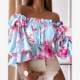 New autumn products sexy one-length neck off-shoulder gradient tie-dye large flower dot print waist-closed long-sleeved shirt short top
