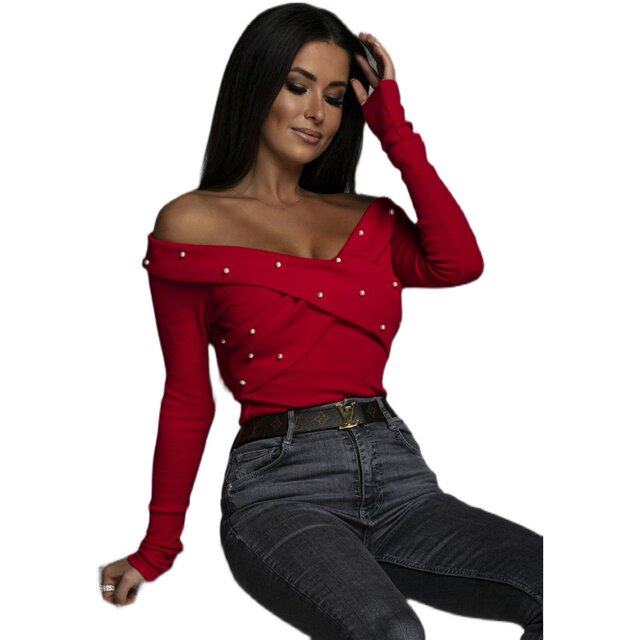 European and American style spring and autumn new V -neck fashion light cooked red cross -nails slim long -sleeved T -shirt bottom shirt shirt
