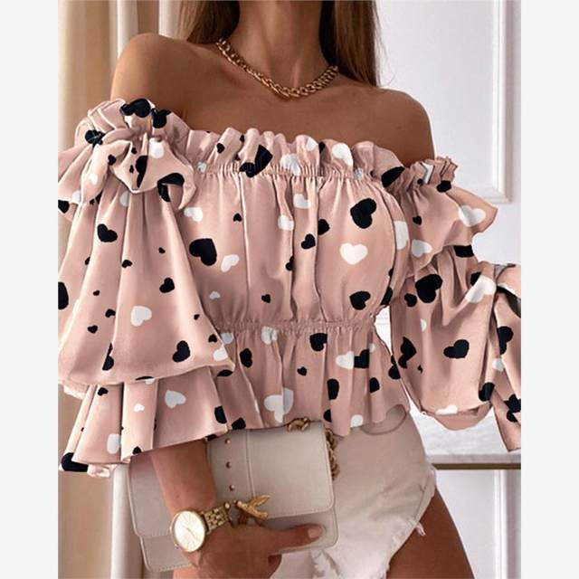 New autumn products sexy one-length neck off-shoulder gradient tie-dye large flower dot print waist-closed long-sleeved shirt short top
