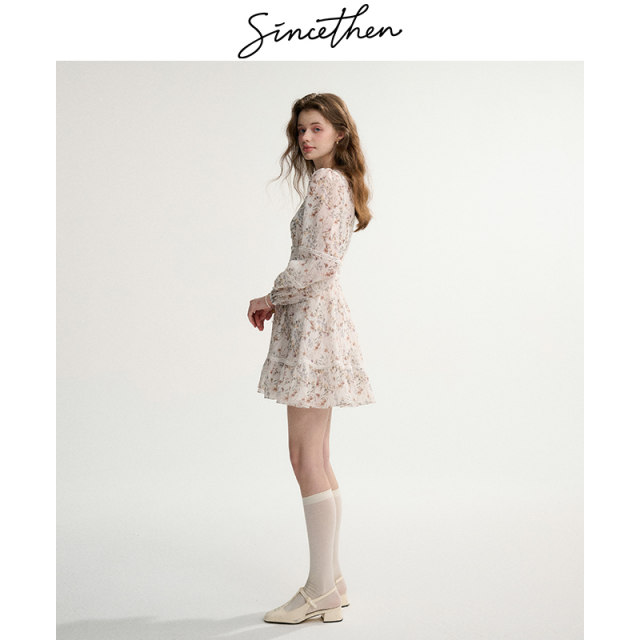 Sincethen French floral skirt long-sleeved dress spring short skirt small vacation outfit women's spring
