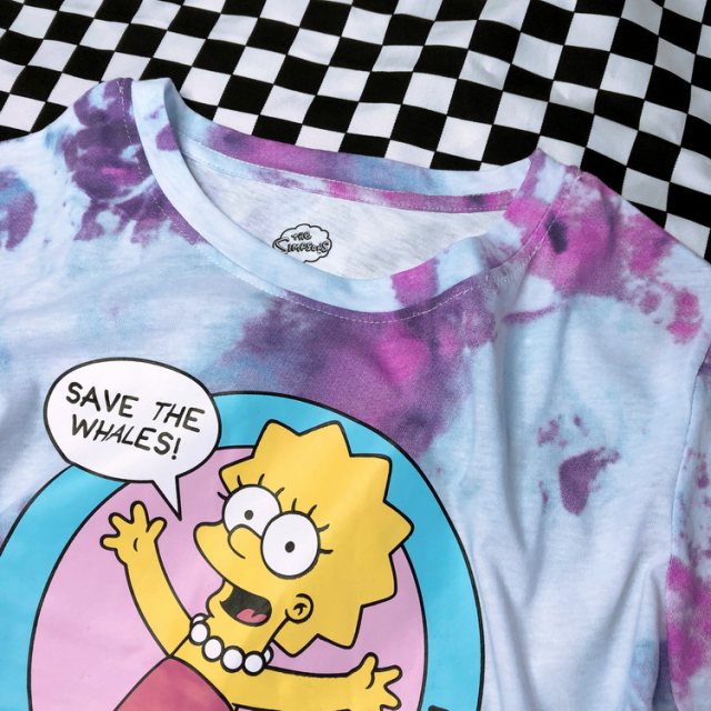 Export baby blue -purple cartoon tie dyeing color street swag sweetheart y2k hot girl cute soft cute short -sleeved T -shirt
