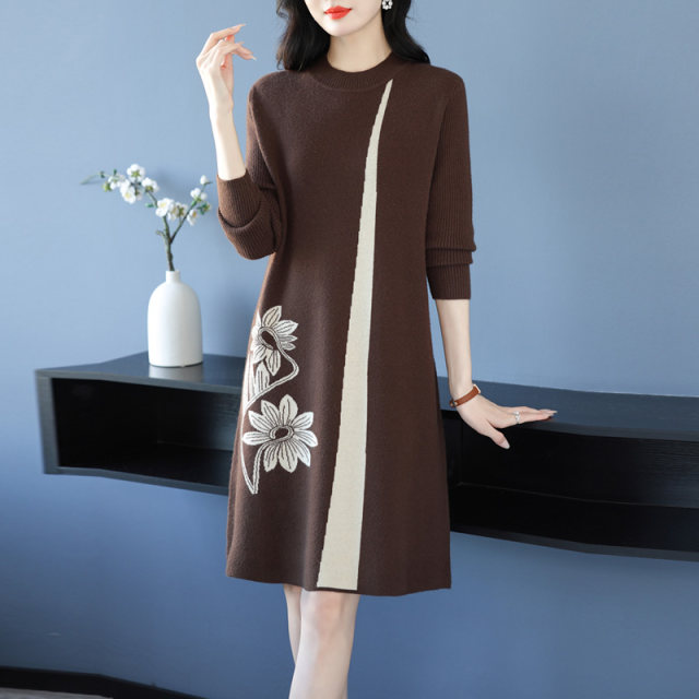 Guofeng Mom Women's Half -neck Print Large Cover Dress 2024 New Autumn and Winter Middle Long Sweat Dress