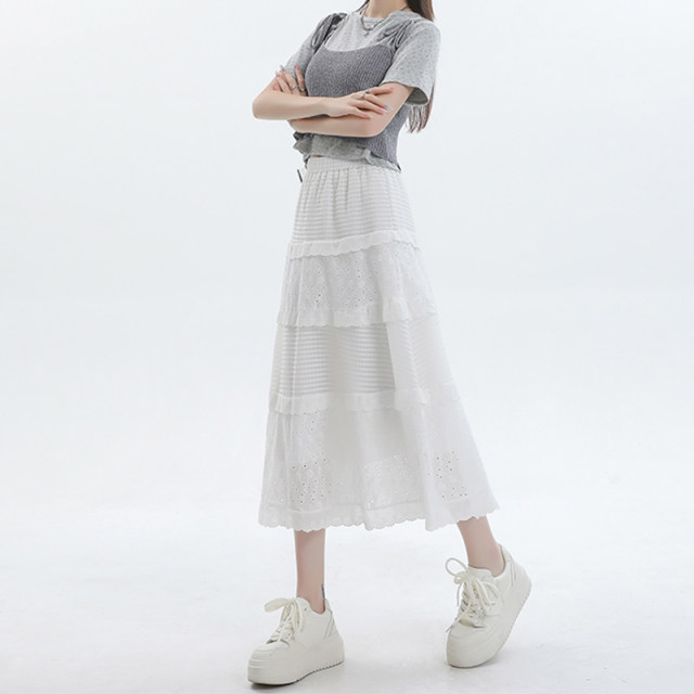 White lace spliced ​​hook cake skirt for women 2025 spring and summer new high-waisted A-line puffy skirt