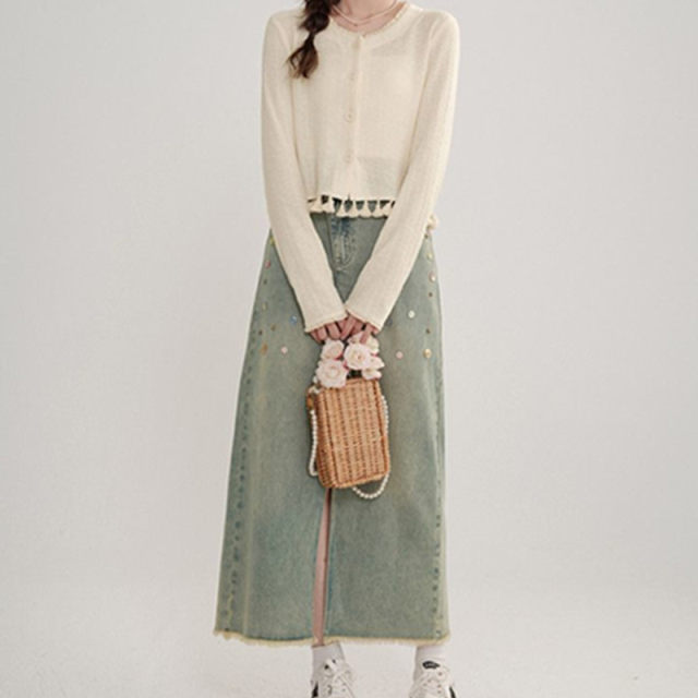 Retro large size split irregular sequin denim skirt for women's summer new high-waisted A-line long skirt ins trendy