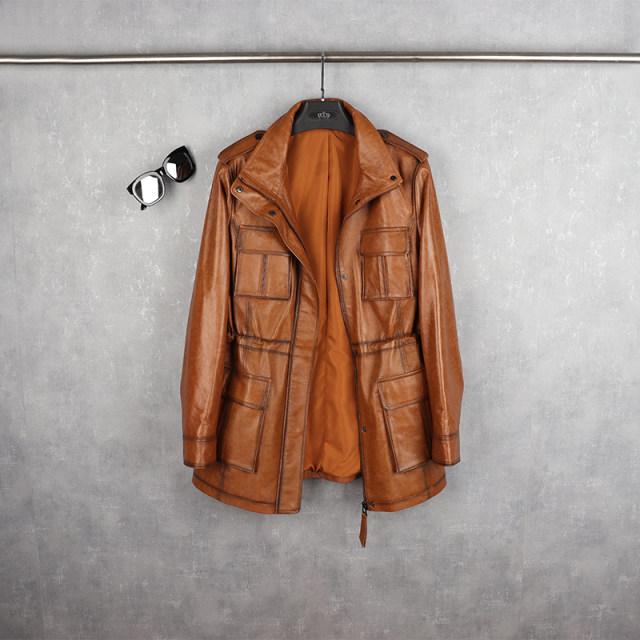 Autumn and winter popular genuine leather jacket for women, mid-length retro distressed Korean style work jacket, large size motorcycle leather jacket