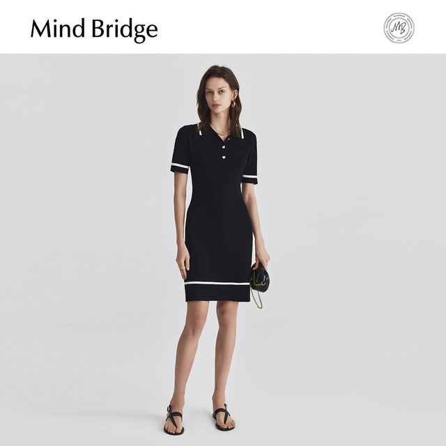 Mind Bridge Summer Elegant Short Sleeve Contrast Skirt Women's Slim Knitted Short Skirt Polo Collar Dress