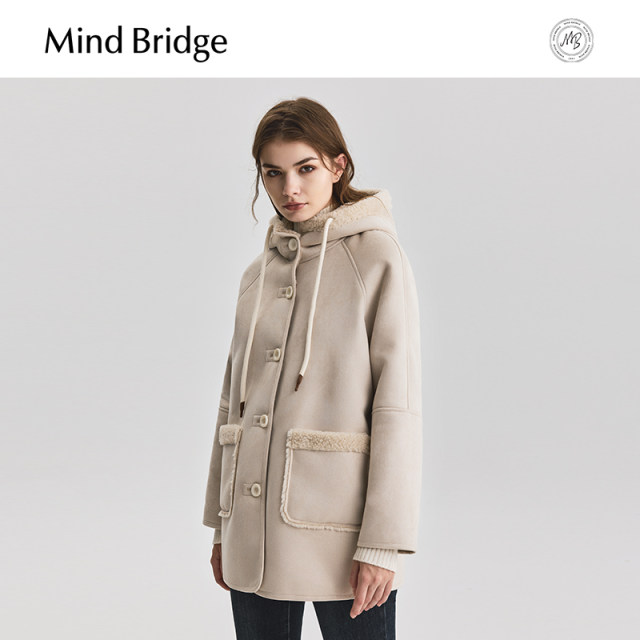 Mind Bridge winter mid -length jacket 2024 new imitation lamb hairs hooded lady thickened jacket