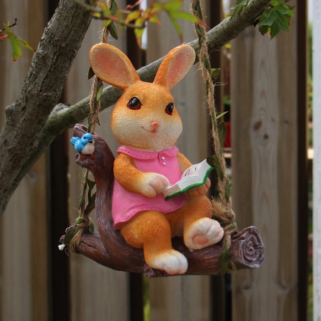 Rabbit reading book swing tree pendant garden balcony decoration wall hanging kindergarten courtyard outdoor animal ornament