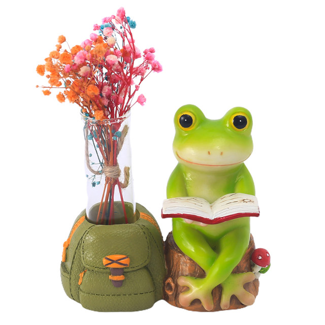 Creative frog reading hydroponic glass vase simulated dry flower arrangement cute living room desktop test tube flower device decoration