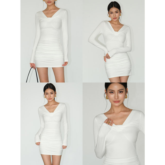 NEVA HU graceful curves/waisted hot girl v-neck white long-sleeved dress for women niche black knitted short skirt