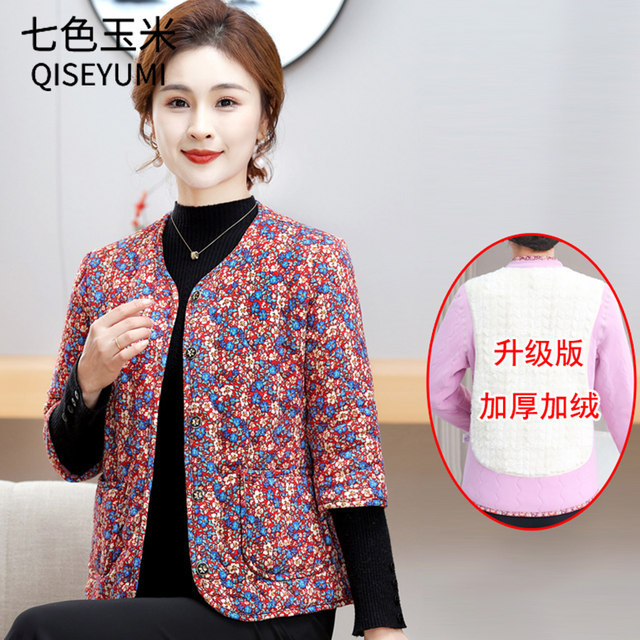 Mother's clothing, autumn and winter velvet floral cotton coat, mid-sleeve stand collar cotton jacket, middle-aged and elderly women's warm three-quarter sleeve cotton coat