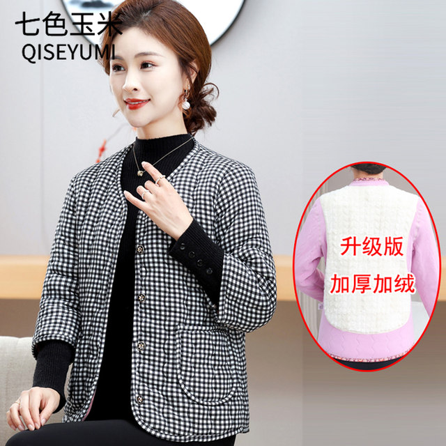 Mother's clothing, autumn and winter velvet floral cotton coat, mid-sleeve stand collar cotton jacket, middle-aged and elderly women's warm three-quarter sleeve cotton coat