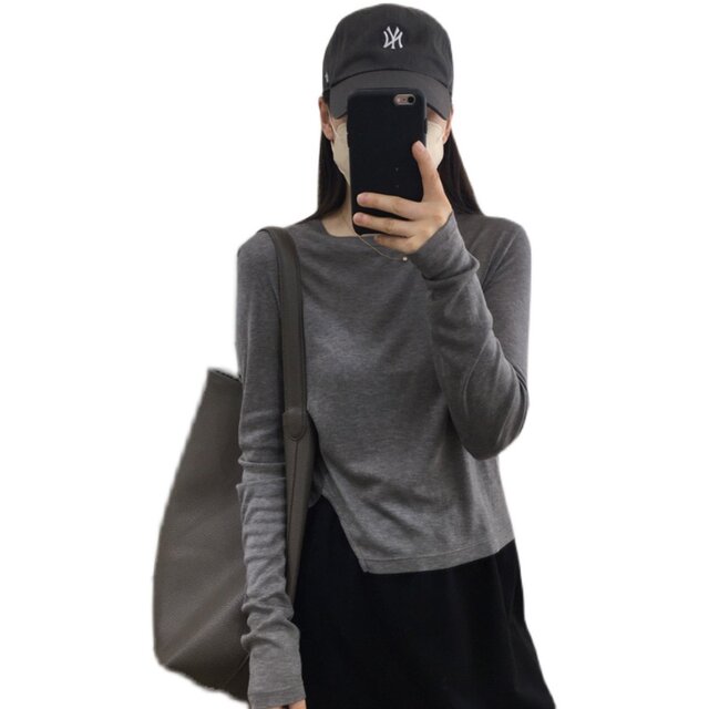 Gray Lysier split kravis short T -shirts spring and autumn top women's new round neck long -sleeved fashion qi