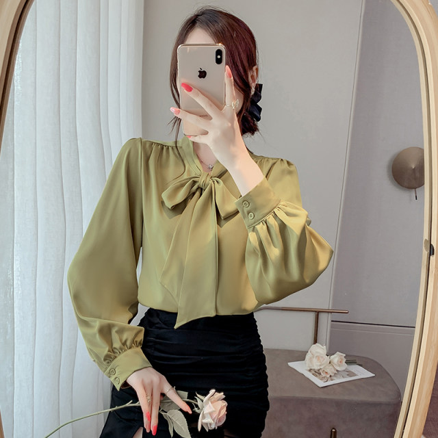 French bow satin shirt for women in spring and autumn new style mature style streamer shirt high-end light luxury top