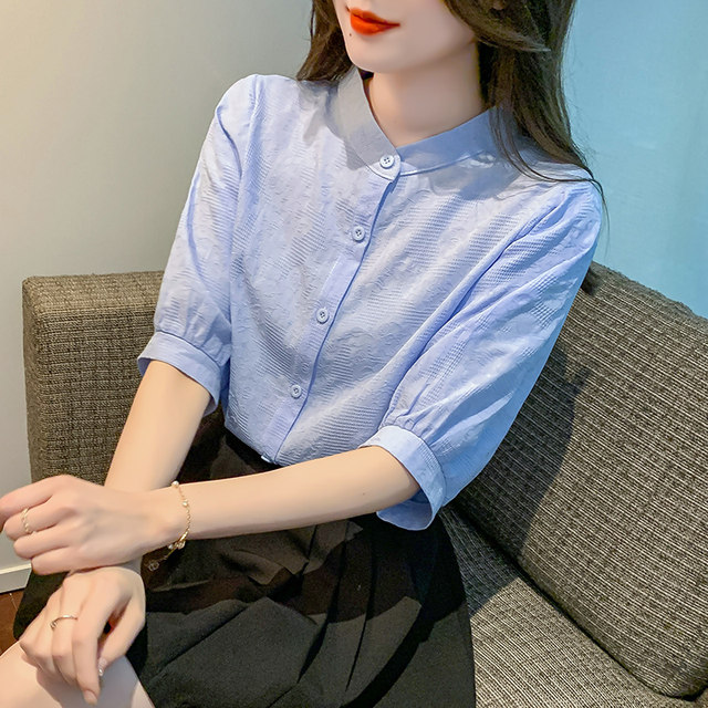 White shirt for women's five-quarter sleeve summer 2025 new French stand-up collar puff sleeve cotton shirt thin short-sleeved top