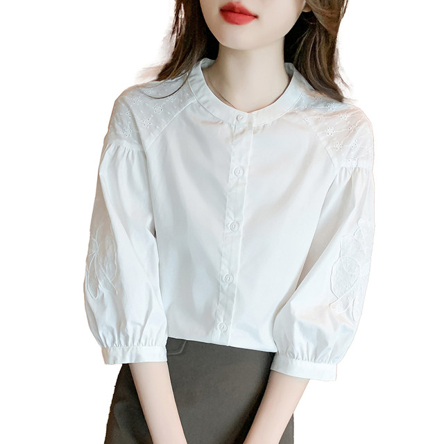 White Tennis Shirt Women's Spring Clothing 2025 New French Stand Collar Embroidered Hollow Sleeve Shirt Chic Top