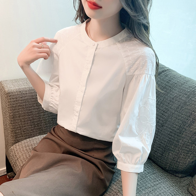 White Tennis Shirt Women's Spring Clothing 2025 New French Stand Collar Embroidered Hollow Sleeve Shirt Chic Top