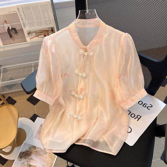 Loose large size fat mm300Jin [Jin equals 0.5 kg] New Chinese floral shirt for women in summer stand-alone neckline button-down shirt puff short-sleeved shirt