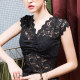 2025 summer lace base shirt for women v-neck slim mesh sexy fashionable women's T-shirt sleeveless hollow vest