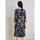 lkbennett temperament oil painting printed dress autumn and winter style new product seven-quarter sleeve round neck waist mid-style style