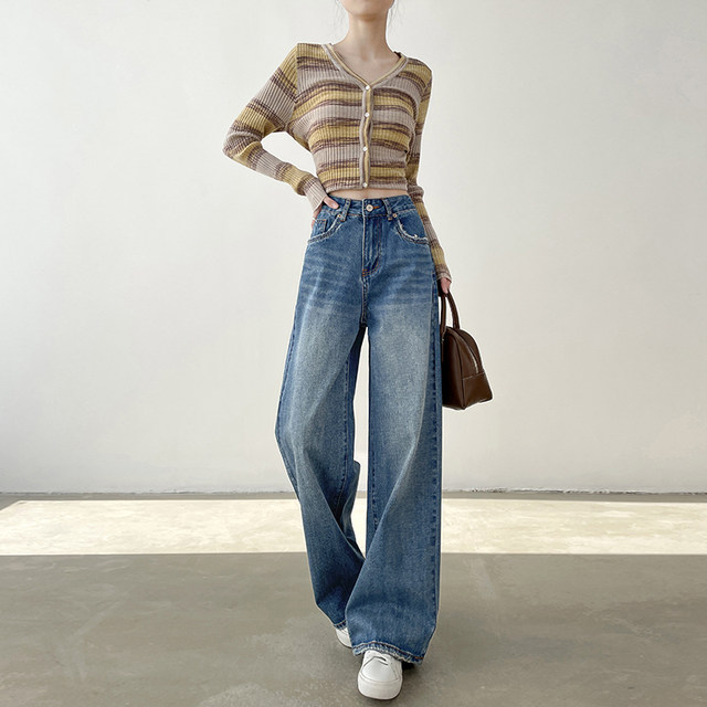 Grinded breasted wide-leg jeans for women in spring and autumn 2025 new high-waist loose and slim tall straight pants