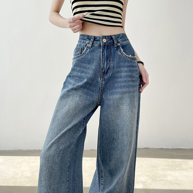 Grinded breasted wide-leg jeans for women in spring and autumn 2025 new high-waist loose and slim tall straight pants