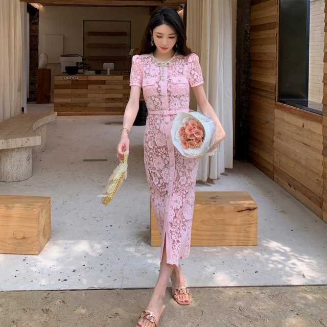 Pink lace luxury bow round neck short -sleeved long skirt high -level sensor -style tempera