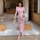 Pink lace luxury bow round neck short -sleeved long skirt high -level sensor -style tempera