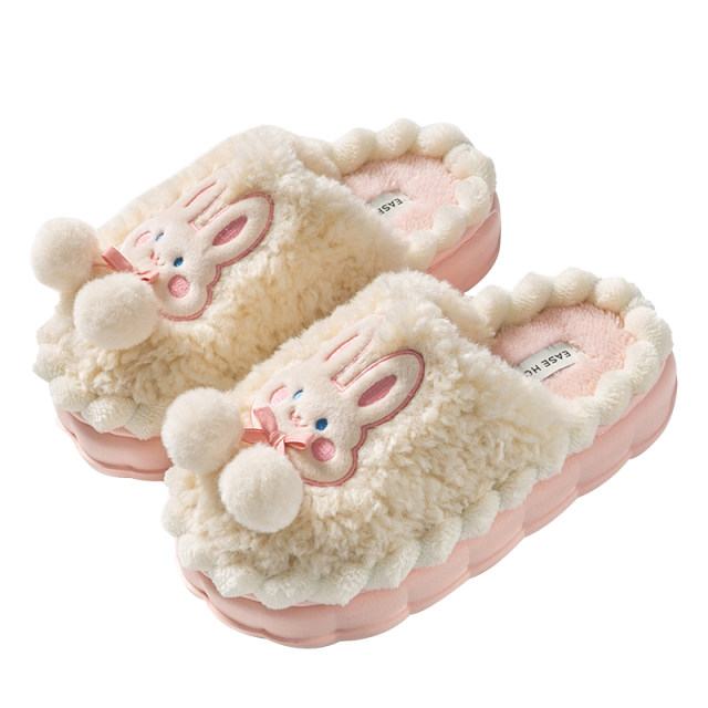 2025 new autumn and winter cute rabbit cotton slippers for women's confinement warm indoor home thick sole fur slippers