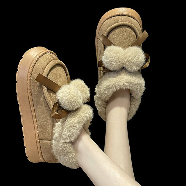 Cotton slippers for women, cute fur balls for outdoor wear in winter, indoor home, thickened plush, warm, non-slip, high-top heel cotton shoes