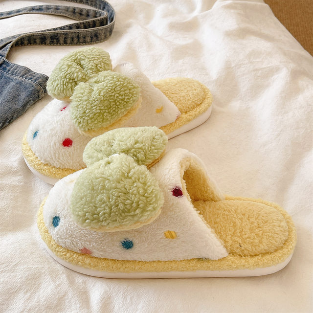 Girly Heart Furry Slippers Women's Winter Indoor Home Cute Polka Dot Bow Plush Warm Baotou Cotton Slippers