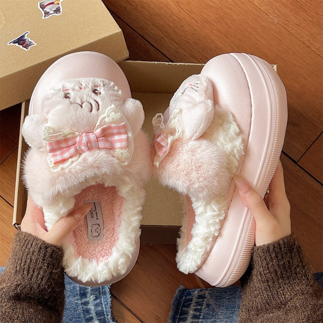 Girly Heart Cute Cat Furry Slippers Women's Winter Indoor Home Thick Soled Plus Velvet Warm Anti-Slip Cotton Slippers