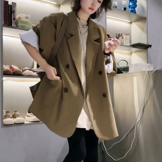 European-style casual suit jacket for women in spring and autumn 2025 new loose and fashionable mid-length double-breasted suit