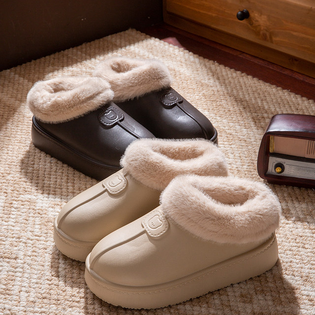 Waterproof cotton slippers for women 2025 new winter outer wear non-slip plush warm home plus velvet thick bottom bag heel cotton shoes